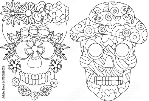 dead of the day halloween masks sugar skulls adult kids coloring page intricate detailed mandala zentangle art ghost skeleton faces set
