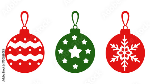 Christmas ornament ball set with red and green decoration star snowflake and zigzag pattern on white background