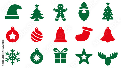 Christmas icon set with hat tree gift star bell stocking snowflake moose and ornament in red and green colors