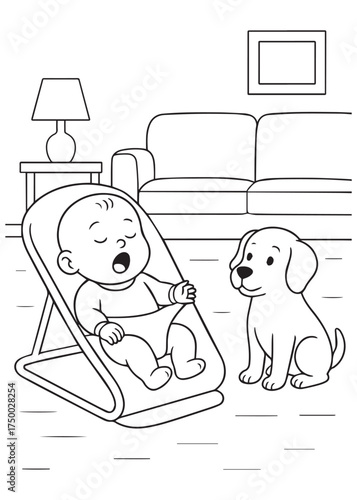 coloring book baby sitting in bouncer chair while puppy watches