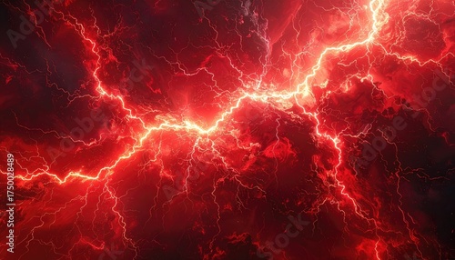 Intense red lightning bolts illuminate swirling clouds, creating a dramatic, fiery display