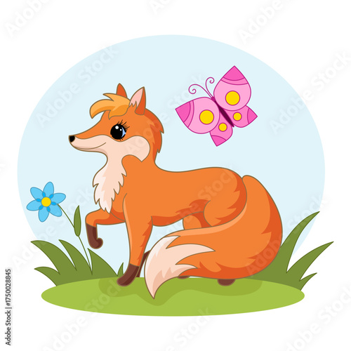A cute cartoon fox with a fluffy tail and a butterfly. Flat design. Suitable for children's prints, posters, cards, stickers, etc. Vector illustration