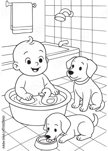 coloring book baby bathing in tub with puppy watching nearby