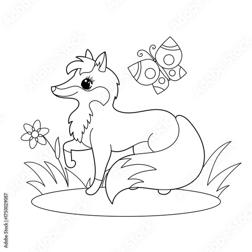 Cute cartoon fox and butterfly. Black and white line art. Suitable for coloring book designs, prints, posters, cards, stickers, etc. Vector illustration