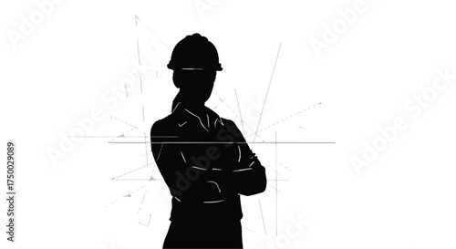 Silhouette of determined woman engineer with crossed arms in front of architectural drawings