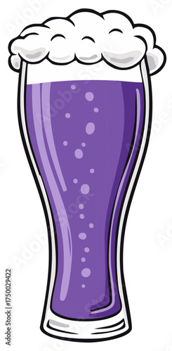 Cartoon illustration of a tall pilsner glass with purple beer and a foamy head