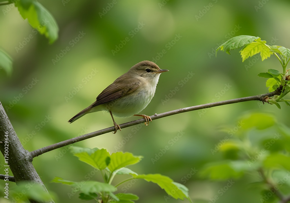 Fototapeta premium A small brown bird with light underparts perches on a slender branch amidst lush green foliage in a natural woodland setting.
