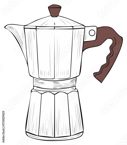 Stylized illustration of Italian stovetop espresso maker, moka pot with brown handle and lid on white background