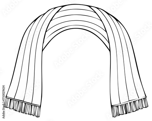 Scarf draped in an arch shape with fringe at the ends black and white illustration