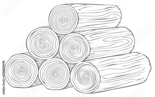 Stacked firewood logs illustration with engraved style drawing showing detailed grain patterns