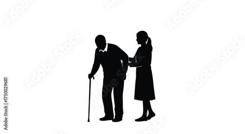Caring silhouette of a younger person assisting an elderly individual with a cane
