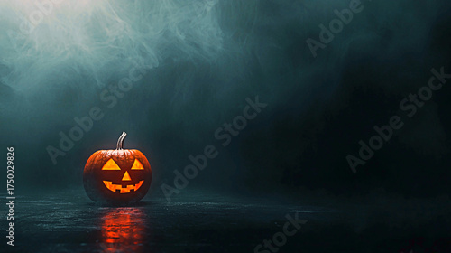 AI Generated - Jack-o'-lantern sitting in the middle of a foggy lake, illuminated by the light of the moon. Commercial illustration artwork for business applications. High-resolution. Premium quality.