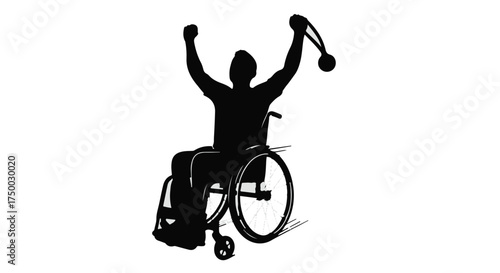 Victorious athlete in wheelchair celebrates achievement with raised arms and medal