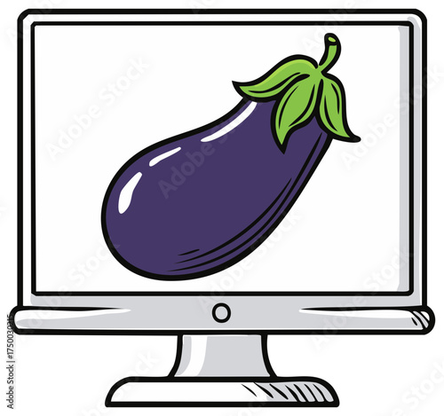 Cartoon eggplant or aubergine vegetable displayed on a computer monitor screen