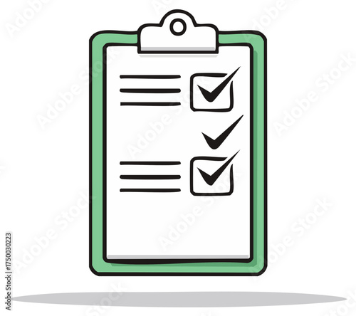 Hand drawn clipboard with a checklist showing completed tasks and goals. Doodle style vector illustration.