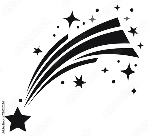 Shooting Star Trail with Sparkling Stars, Black and White Celestial Icon Design, Night Sky Element, Starburst Shape