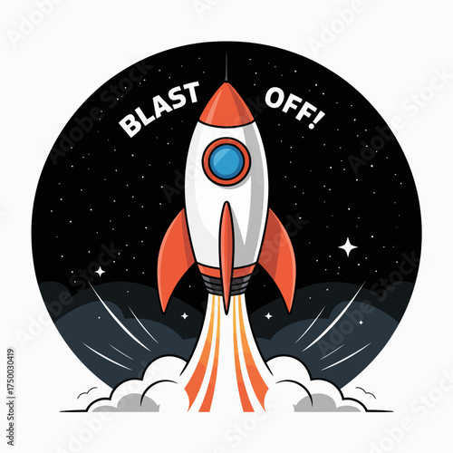 A vibrant cartoon rocket soaring into space, signifying adventure, exploration, and the thrill of achieving your dreams and aspirations with the phrase 'blast off!'
