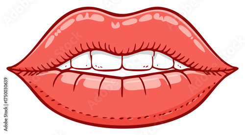 Vibrant pop art red lips smiling with white teeth comic style illustration