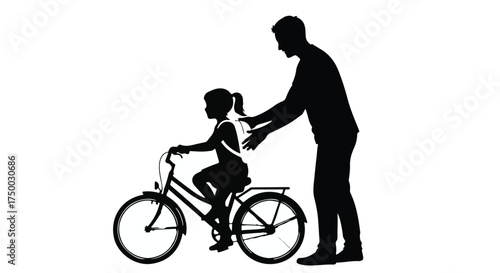 Father patiently teaching daughter to ride bicycle, silhouette on white background