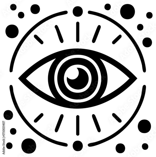 Black and white spiritual eye illustration, seeing all, mystic concept, eye of providence.