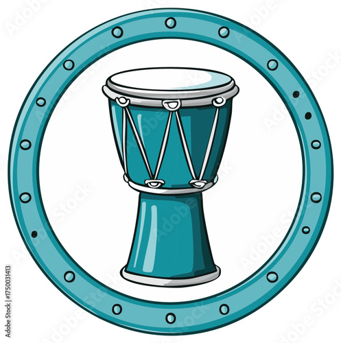 Illustrated African djembe drum in a decorative circle. A vector icon representing percussion and world music.
