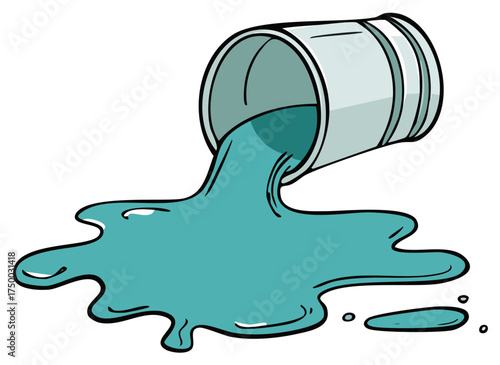 Cartoon Illustration of a Metal Container Toppling Over Spilling a Teal Colored Liquid on a White Background