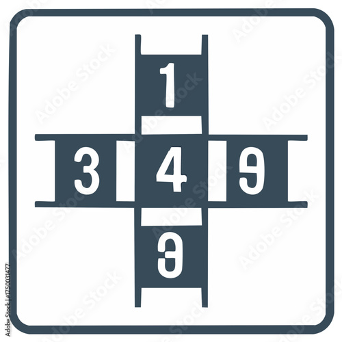 Stylized hopscotch game grid icon with numbers one, three, four, and nine arranged in a cross pattern.