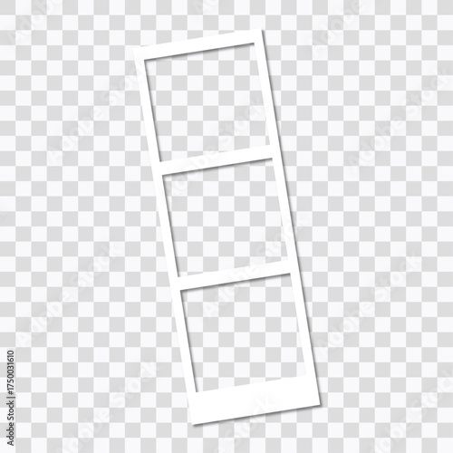 Blank transparent Photo strip template in row rotated, isolated on transparent background. 3 square instant photo frame for social net, documents, fun. Vector editable illustration.