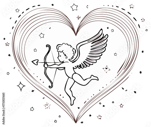 Hand drawn cupid with bow and arrow inside a large heart outline with stars and dots