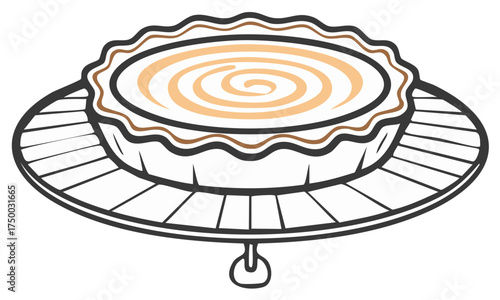Stylized pie illustration on a vintage serving platter with decorative border, swirl cream filling, isolated on white