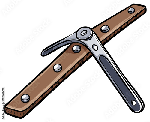 Drawn illustration of a metal hinge with wooden elements