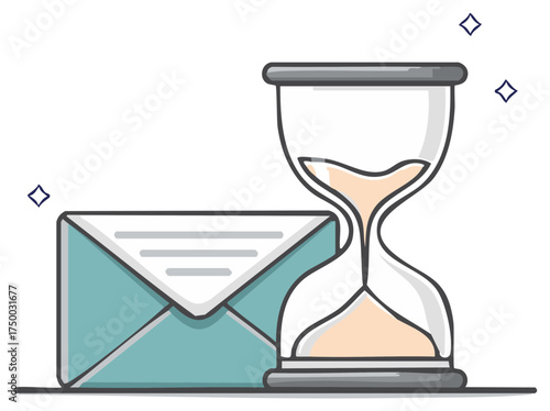 Illustration depicting timely message delivery, email communication, or waiting with an envelope and an hourglass.