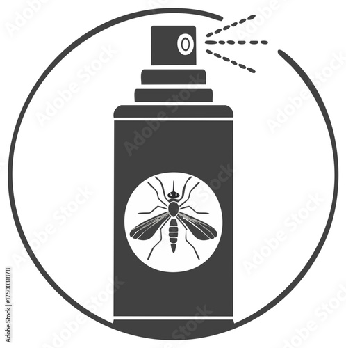 Insecticide spray bottle with mosquito symbol and spray mist in a circular frame