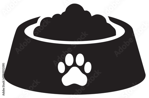 A simple black and white icon of a dog food bowl filled with kibble and a paw print decoration on the side.