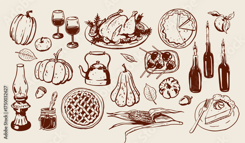 Rustic hand-drawn monochrome vector illustration set. Thanksgiving feast and harvest. Roast turkey, pumpkin pie, pumpkins, and corn. Seasonal or festive design elements. Autumn drawings.