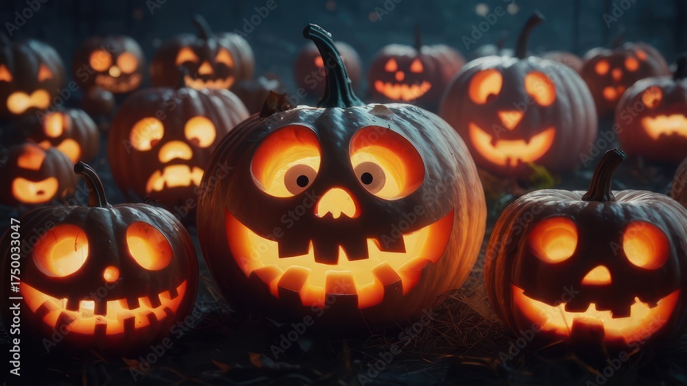 Fototapeta premium Carved pumpkins with glowing faces in a blurred background create a spooky Halloween scene