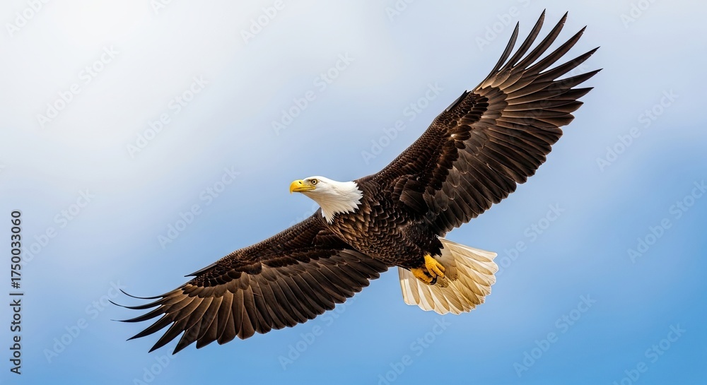 Obraz premium Majestic Bald Eagle Soaring Through a Clear Blue Sky