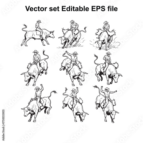 Vector art of a set of nine handdrawn vector illustrations depicting cowboys riding bucking bulls in various dynamic poses, isolated on a