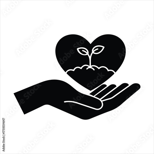 Hand holding heart with seedling representing growth love nurturing and environmental care