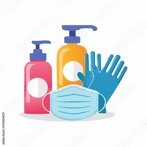 Flat vector illustration of essential hygiene and protection items, including a medical face mask, disposable gloves, and pump bottles of soap or sanitizer