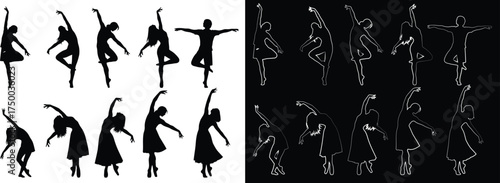Silhouette of graceful women dancing ballet in harmony artistic dance performance in black and white backdrop