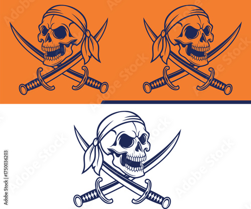 Pirate skull and crossbones with crossed sabers on orange and white backgrounds
