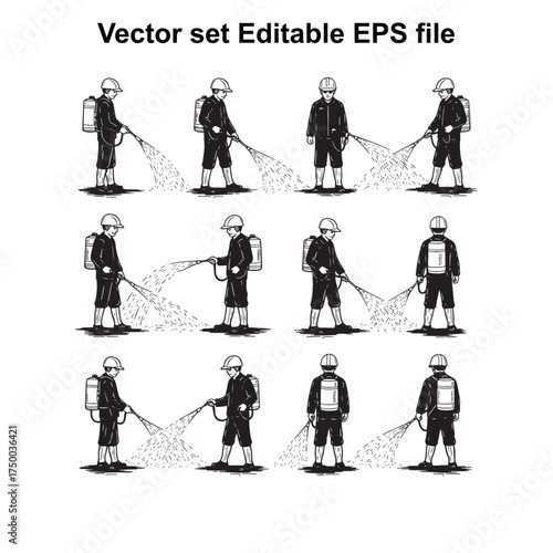 Vector art of set of vector illustrations depicting a person in protective gear spraying a substance, shown from front, back, and side views, suitable for agricultural or cleaning contexts