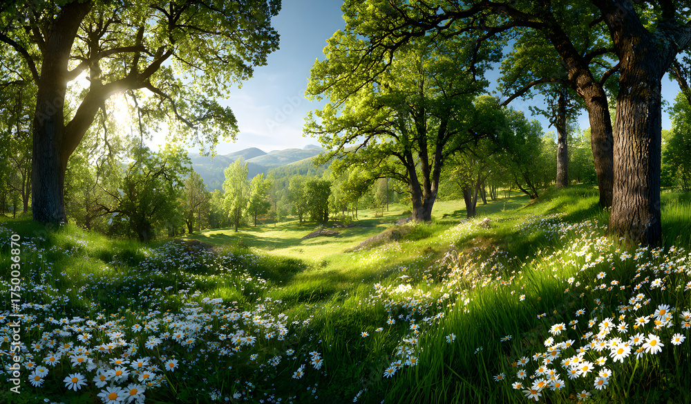 Fototapeta premium Green forest landscape with blooming daisies in spring sunlight