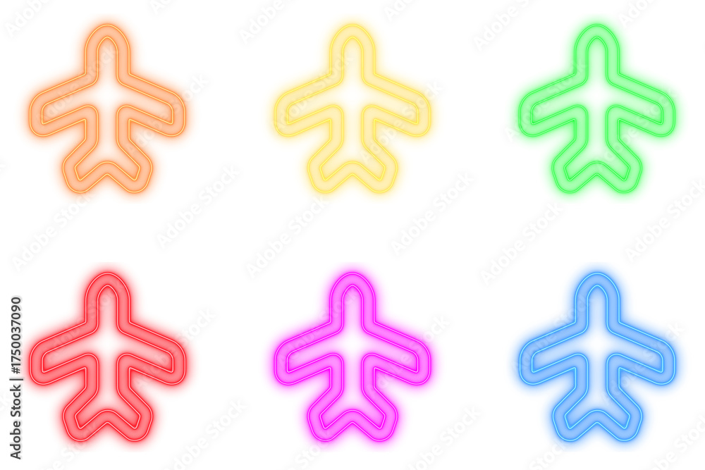 Fototapeta premium Futuristic Neon Airplane Icons in Multiple Glowing Colors Representing Travel, Aviation, Navigation, and Modern Transport Technology Design