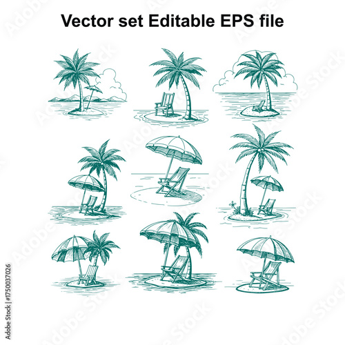 Vector art of collection of handdrawn tropical beach scenes featuring palm trees, lounge chairs, and umbrellas, presented as a vector set editable in eps file format