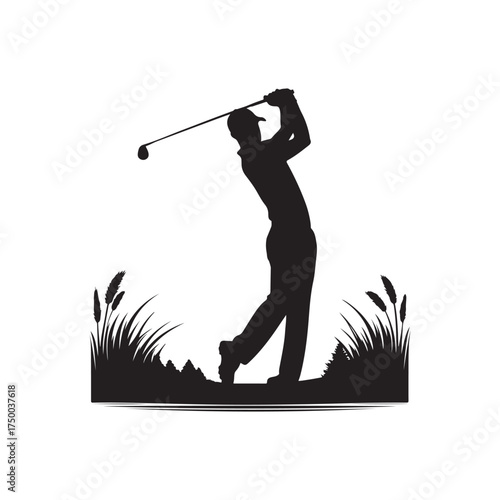 golfer mid swing in autumn vector silhouette clip art logo design illustration