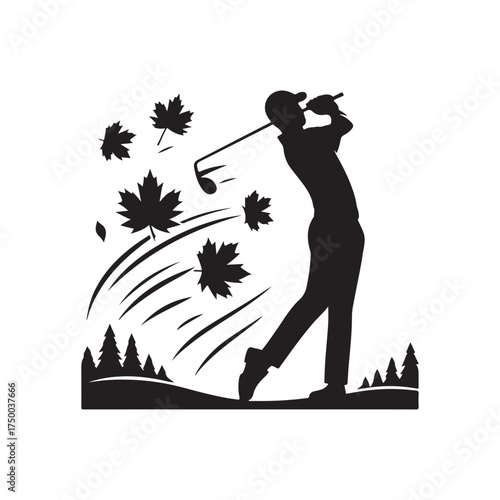 golfer mid swing in autumn vector silhouette clip art logo design illustration