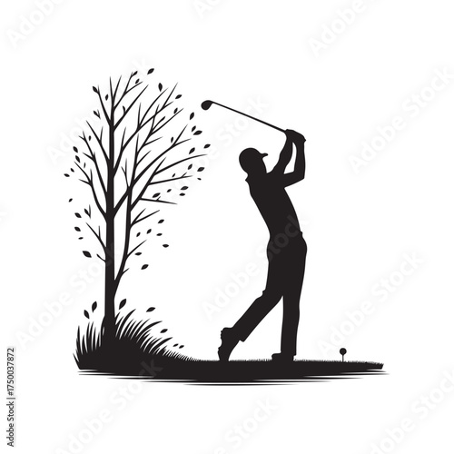 golfer mid swing in autumn vector silhouette clip art logo design illustration