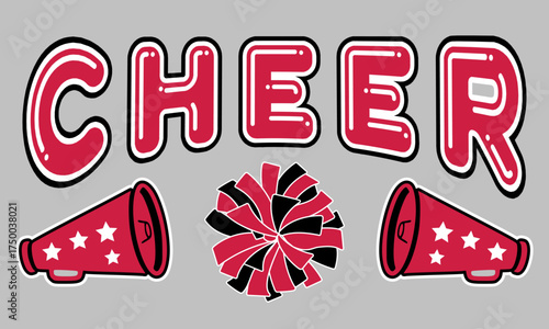 Chicago Cheerleader Pom-poms and Megaphone with the word CHEER. Red and Black Cheerleading illustration.